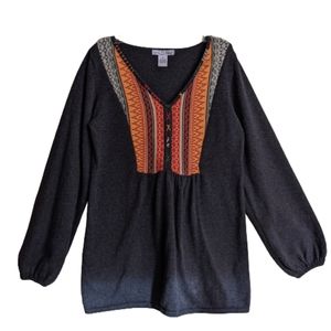 KRXB Sweater Gray Boho Embroidered V-neck Balloon Sleeves